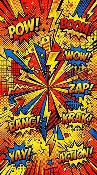 Colorful Comic Book Explosion with Action Words and Effects.