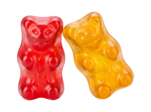 Red and yellow gummy bears on transparent background