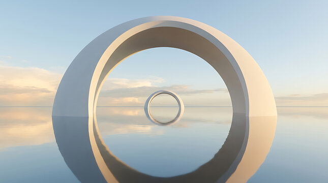 Surreal abstract landscape with two nested circular rings floating above a calm reflective water surface under a soft sky abstract landscape
