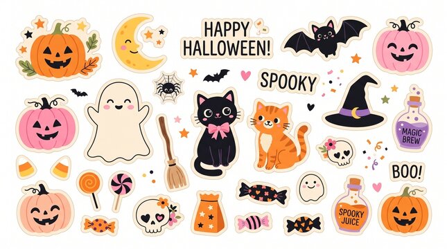 Cute Halloween Sticker Collection with Pumpkins Ghosts and Cats