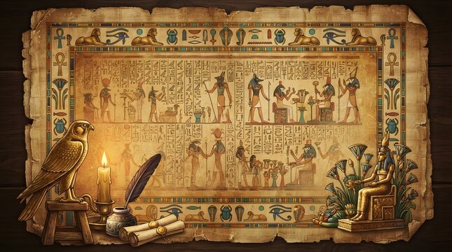Ancient Egyptian papyrus scroll with hieroglyphs pharaohs and symbolic imagery detailed illustration