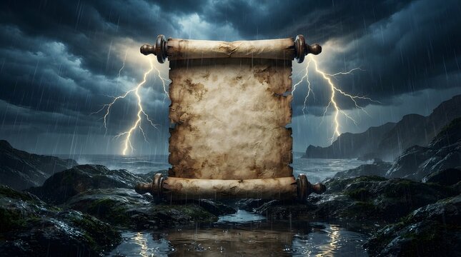 Ancient scroll with dramatic stormy sky and lightning background weathered parchment paper