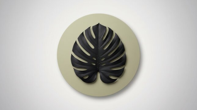 Black monstera leaf art on round textured background with monstera, tropical