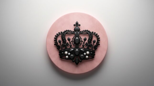 Ornate black crown symbol on round pink backdrop with circular, background