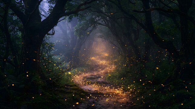 Fireflies illuminating a dark forest trail