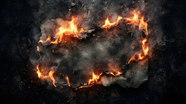 Dramatic fire explosion with cracked stone texture and sparks on a dark background