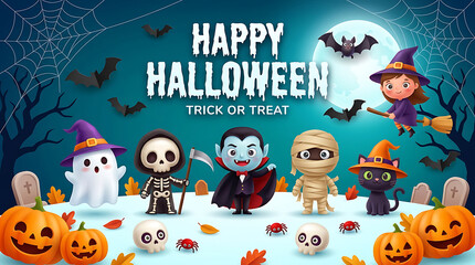 Fototapeta premium Happy halloween trick or treat banner with cute cartoon characters