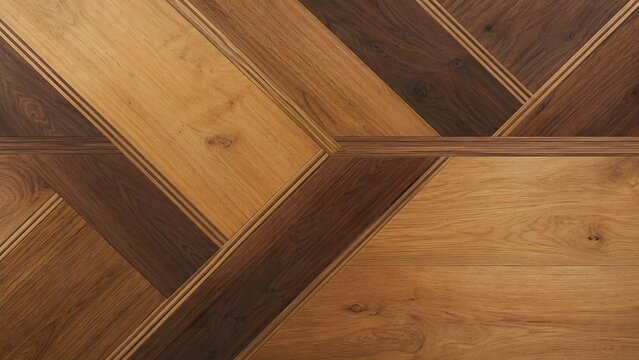 A close-up view of a decorative parquet pattern crafted from different shades of natural wood.
