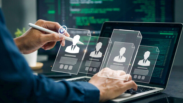 HR Manager Selects Job Candidates Online Using Laptop Digital Hologram Profiles Technology