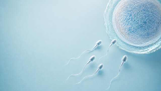 Human egg cell and sperm approaching fertilization with copy space for IVF conception, fertility and reproductive health