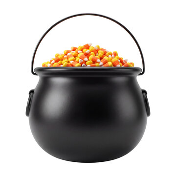 Black cauldron filled with candy corn on transparent background