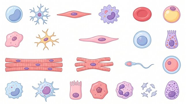 Human cell types infographic set showing biological structures and microscopic anatomy