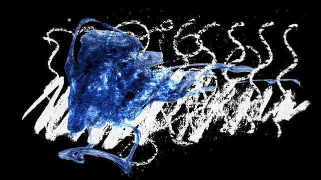 Distorted white pencil lines and blue smears animate in sync, evoking glitch effects. The layered strokes shift rapidly with erratic visual pulses.