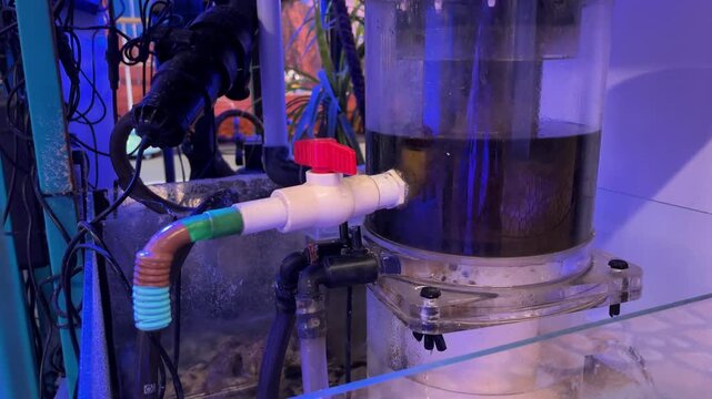 Aquarium filtration reactor column with pump, PVC piping and ball valve, fish tank water treatment system, maintenance equipment.