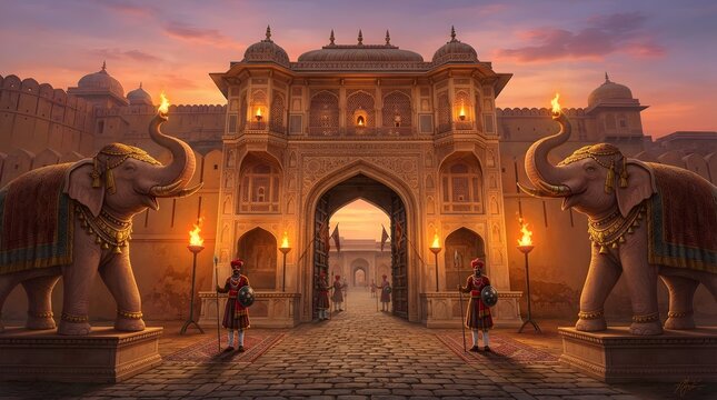 Majestic indian palace gateway with elephants and guards at sunset illustration