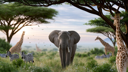 Obraz premium African elephant standing in lush green savanna surrounded by zebras and giraffes under acacia trees with a soft sunrise in the background