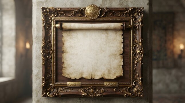 Ornate golden frame with blank parchment scroll inside vintage decorative wall art