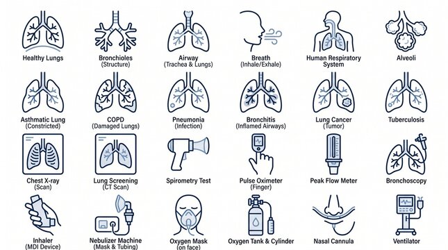 Set of medical icons for respiratory health and lung disease diagnosis and treatment.