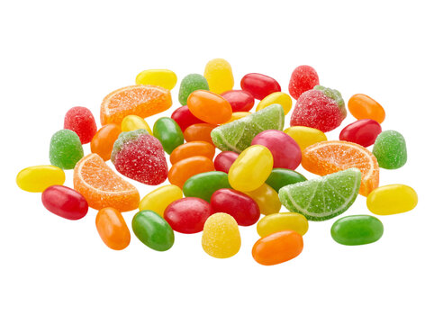 Assorted fruit shaped gummy candies on transparent background