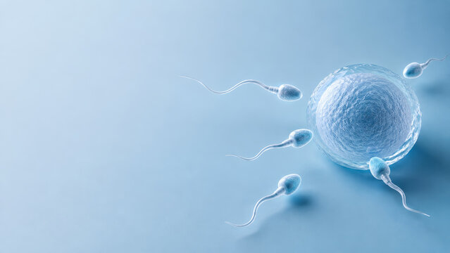 Human egg cell and sperm approaching fertilization on blue background with copy space for IVF and reproductive health ad