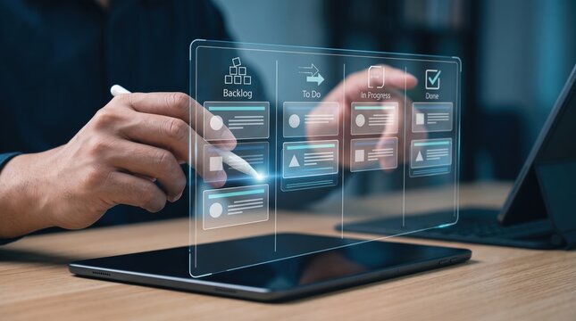 Project manager organizing agile scrum workflow on futuristic transparent kanban board with backlog to do in progress and done columns for task management