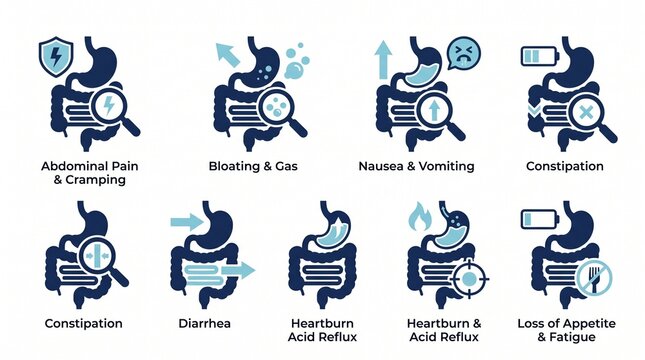 Digestive System Symptoms Infographic Icons Set Showing Gastrointestinal Health Issues