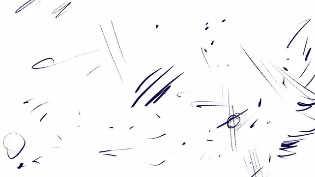Marks with a blue ballpoint pen and ink lines on a white background. The effect of studying at school, interference, film damage in 4K. Hand drawn animation for clip art style.