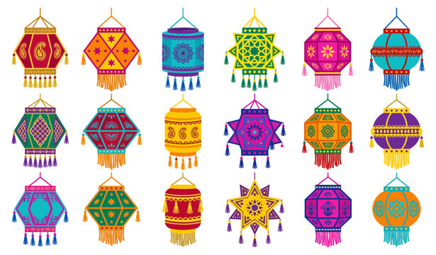 Traditional Indian Diwali Lantern Icon Set with Colorful Akash Kandil and Hanging Lamp Vectors for Festival Event Graphic Designs