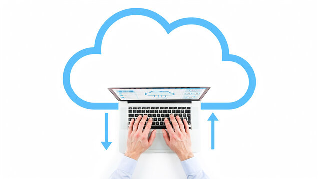 A person's hands typing on a laptop computer with a cloud icon above it, representing cloud computing and data transfer