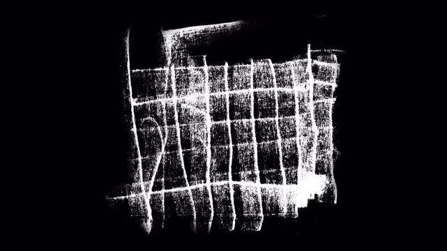 White texture of drawing with crayons and pencil on a black screen. Stock art effect for overlay in 4K with alpha channel. Stock abstract background with dry brush strokes.