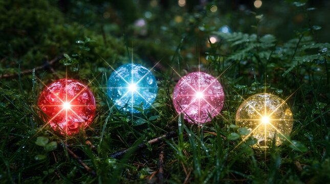 Colorful glowing crystal spheres in the grass