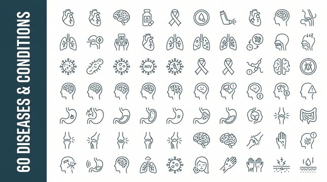Medical line art icons set of human diseases and health conditions in a grid layout.