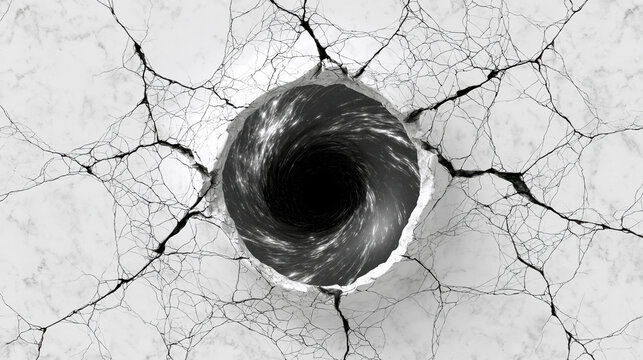 Black hole gateway piercing through a cracked surface of white marble.