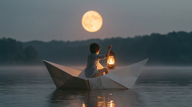 Little child holds a glowing antique lantern, sitting on a paper boat floating on the calm waters of the lake under the full moon.