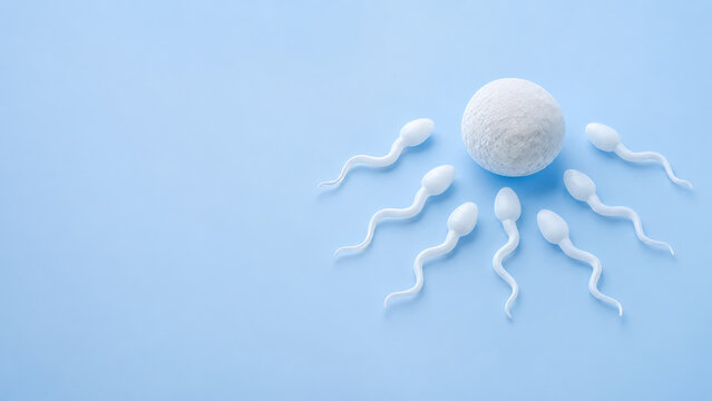 Human egg cell surrounded by sperm on blue background with copy space. Fertilization and conception, IVF treatment, reproductive