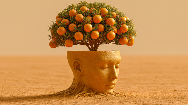 Sculpture of a human head with an orange tree growing on top, amidst the desert sand.
