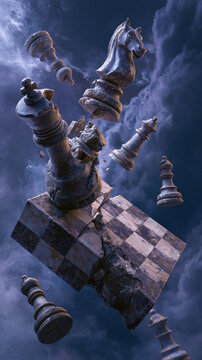 Shattered broken chess board with pieces floating in stormy dark clouds sky surreal strategy crisis risk concept.