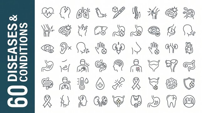 Medical Line Art Icons Set Showing Human Diseases and Health Conditions in Grid Layout