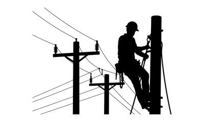 Fototapeta premium An electrical lineman working on a high voltage utility pole depicted in a detailed black and white silhouette