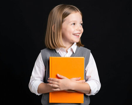 A medium shot of a young, fair-skinned child, approximately five or six years old, standing against a solid, matte black background