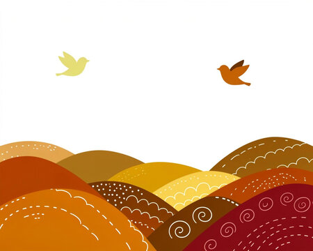 A stylized, whimsical illustration depicting rolling hills in an autumn color palette of burnt orange, mustard yellow, brown, and deep red