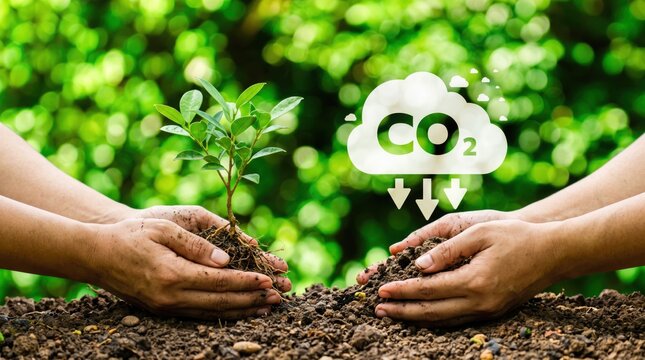 Environmental protection, planting young tree sapling in soil, carbon dioxide reduction symbol, climate change action, sustainability, green ecology, nature conservation