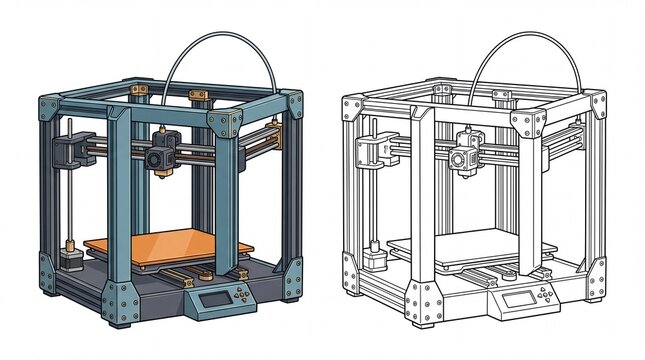 Detailed industrial three dimensional printer illustration showing colored and line art models on white background