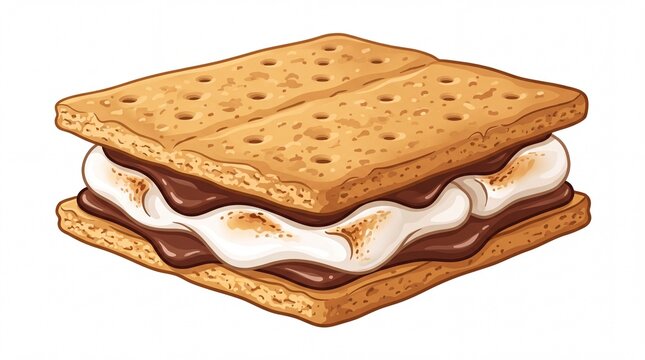 Delicious toasted s'more snack featuring melting chocolate and fluffy white marshmallow held on white background