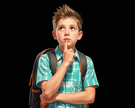 A young Caucasian boy, approximately 8 to 10 years old, stands centered in the frame against a plain, matte black background