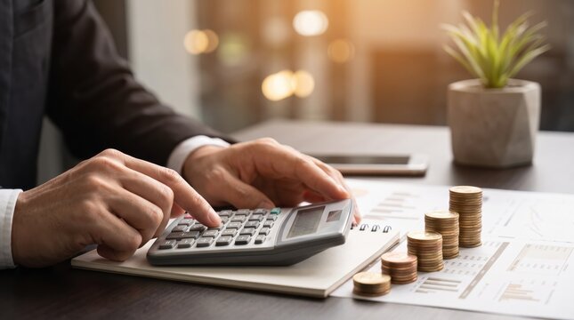 Businessman hands using calculator for accounting, finance and budget planning with gold coins stacks on desk in office environment, corporate investment concept