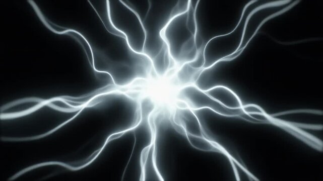 Glowing silver-white plasma pulses outward from a symmetrical bright core, forming luminous radiating tendrils against deep black with clean futuristic cinematic motion.