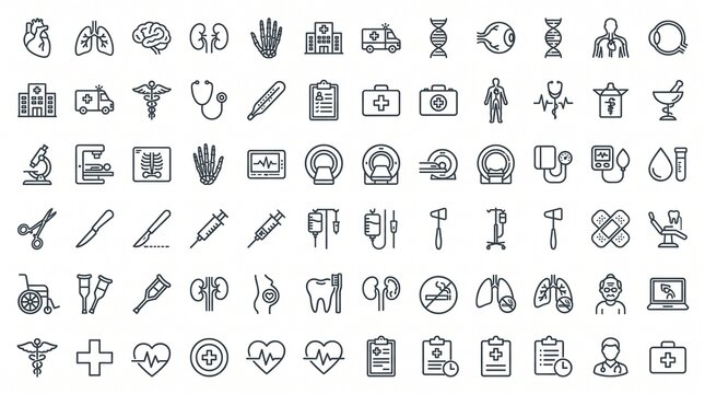 Set of medical line art icons featuring healthcare symbols and clinical equipment elements