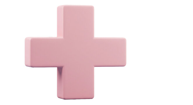 Plus sign 3d rendered pink symbol representing medical care or positive addition.