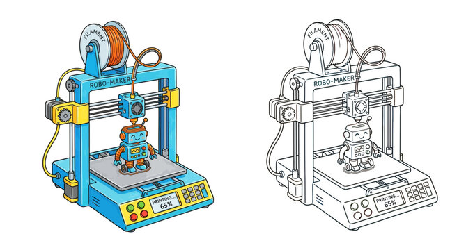  3D printer making a robot toy, including a colored version and a line art coloring page for kids and hobbyists.